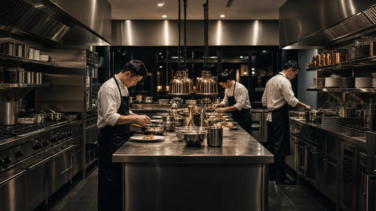 Cocina profesional en servicio, con equipo de cocineros emplatando sobre isla de acero inoxidable