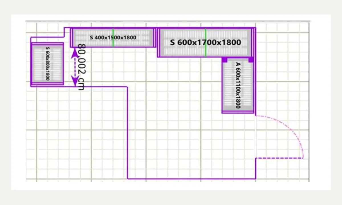Plano 2D con la distribución y medidas de las estanterías en una cámara de congelación